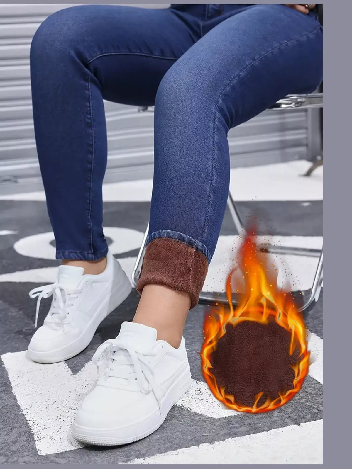 Blue high-waisted fleece-lined skinny jeans