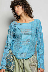 Trendsi POL Round Neck Long Sleeve Exposed Seam Top with Lace Detail -