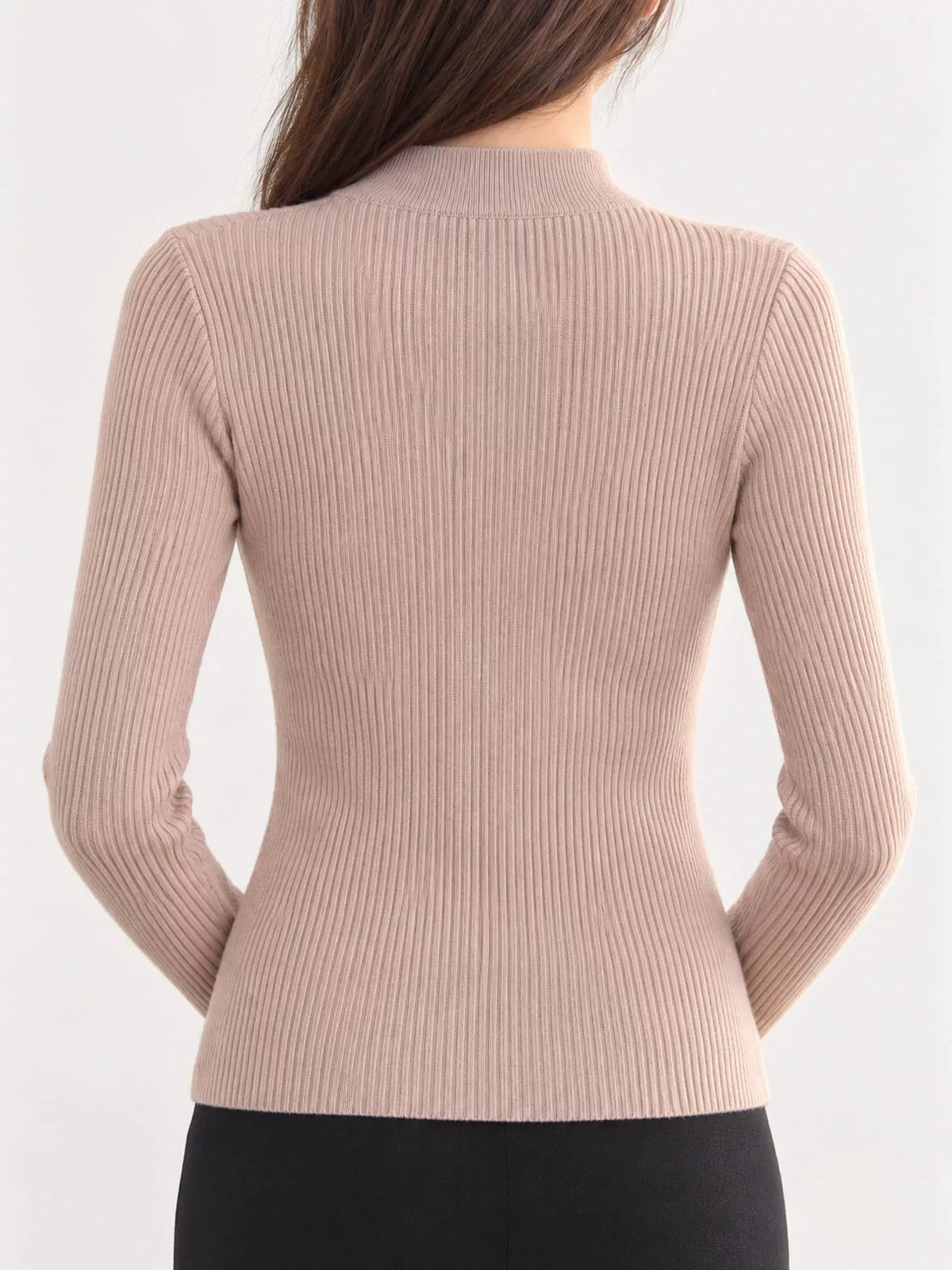 Beige ribbed mock neck long sleeve knit top, back view