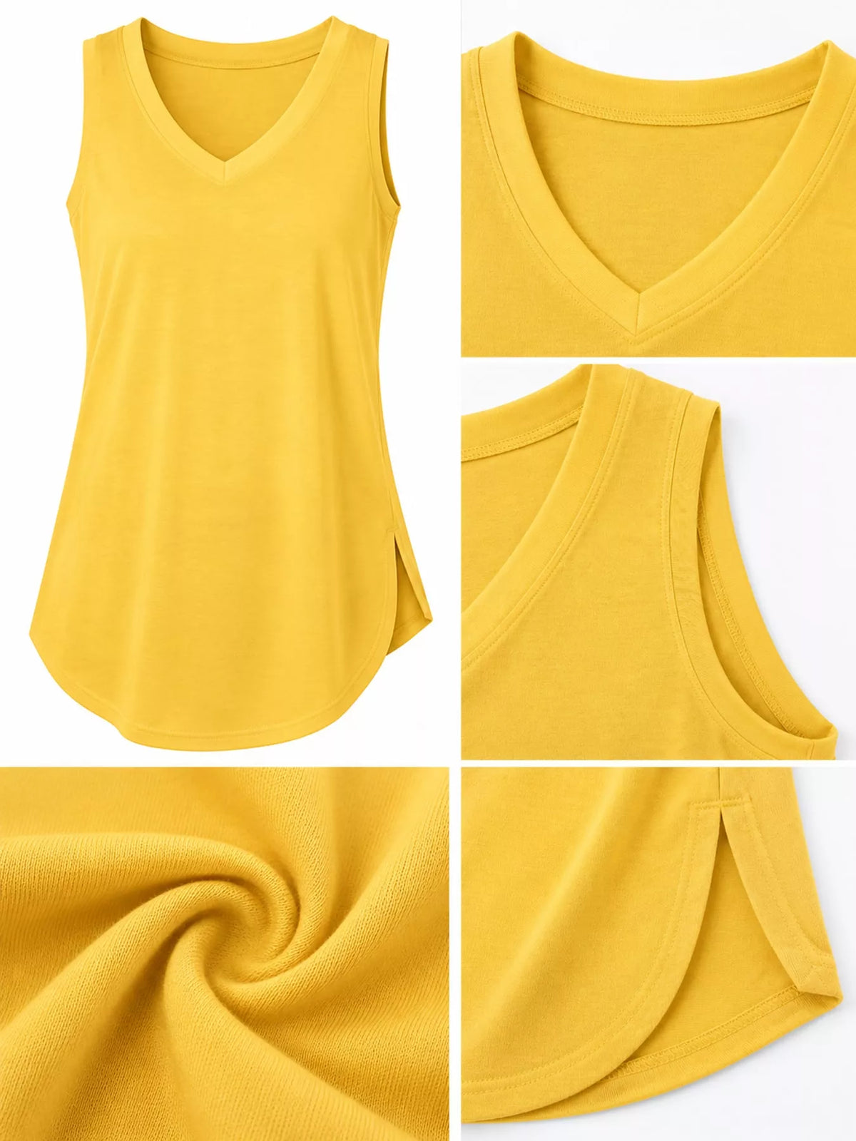 Yellow v-neck loose fit tank top, V-neckline, armhole, curved hem, and side slit close-ups