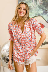 Trendsi BiBi Floral Jqd Smoked Puff Sleeves V Neck Top - Shirts