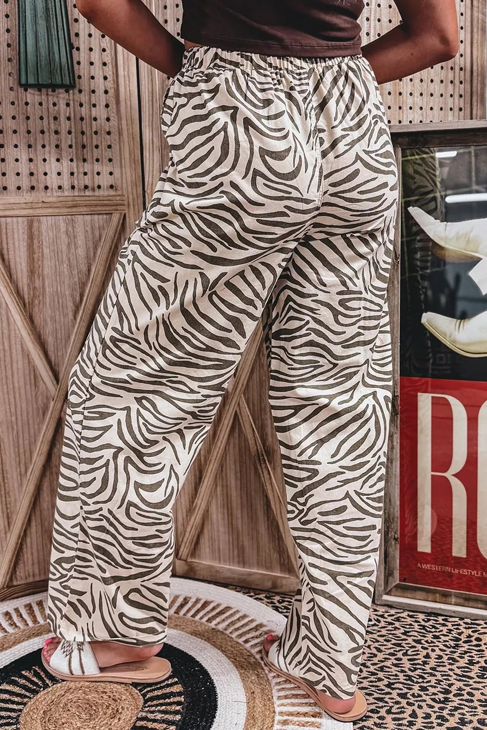 Trendsi Multicolour Western Print Zebra Pattern Elastic Waist Pocket Pants -