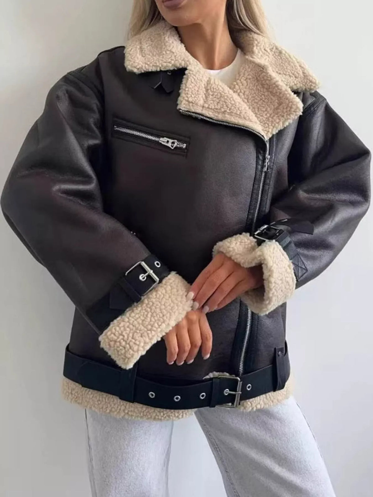 Black with cream trim faux leather zip up jacket, front view