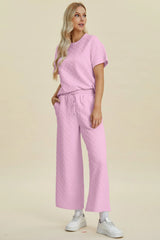 Trendsi Double Take Full Size Texture Round Neck Short Sleeve Top and Pants Set -