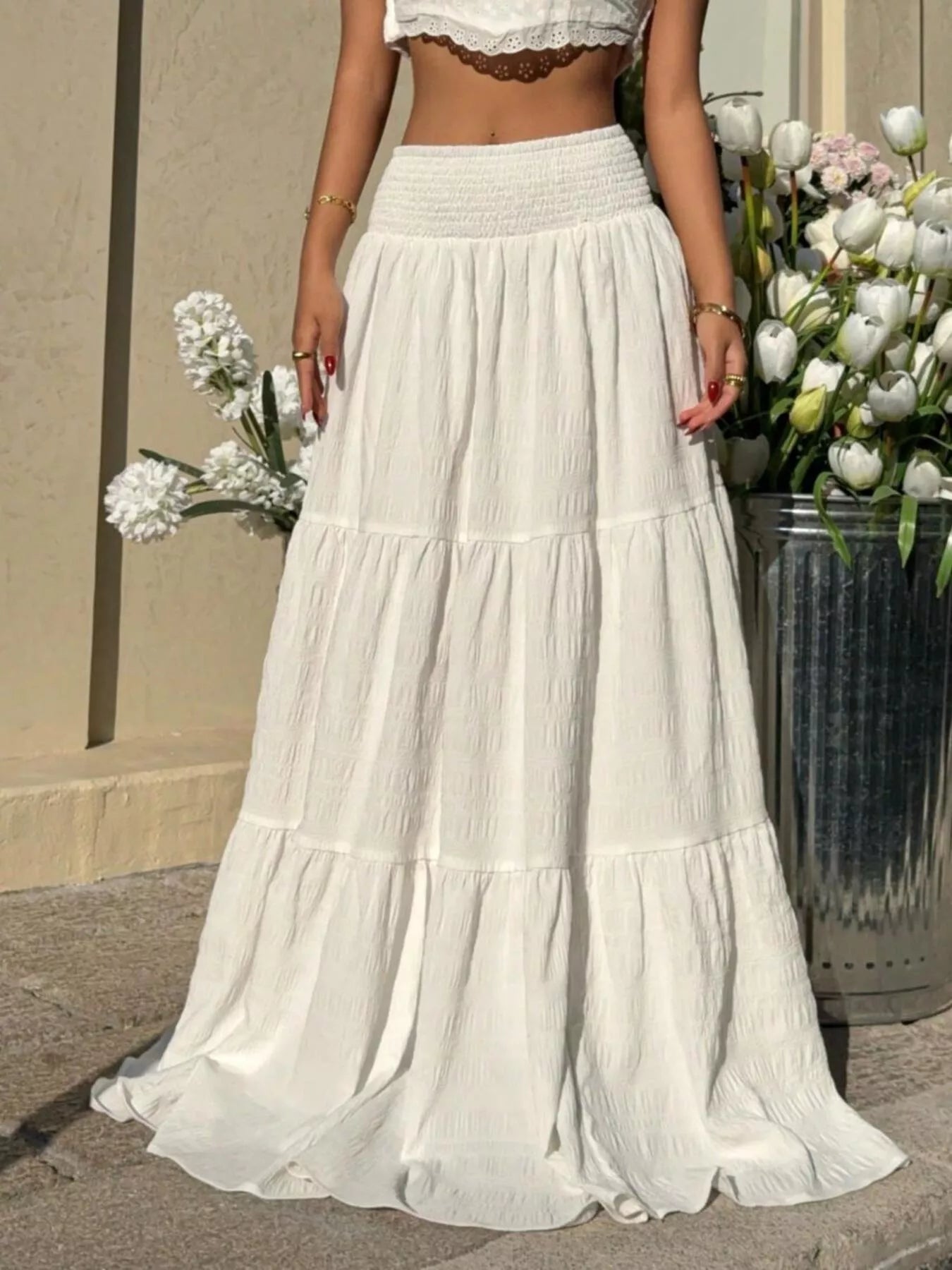 Trendsi Smocked Tiered Flowy Maxi Skirt -
