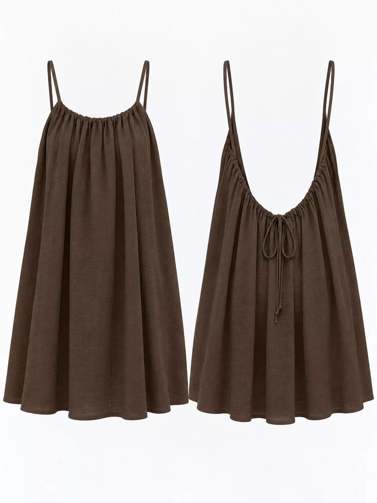 Brown spaghetti strap A-line mini dress with open tie back, front, back and construction details