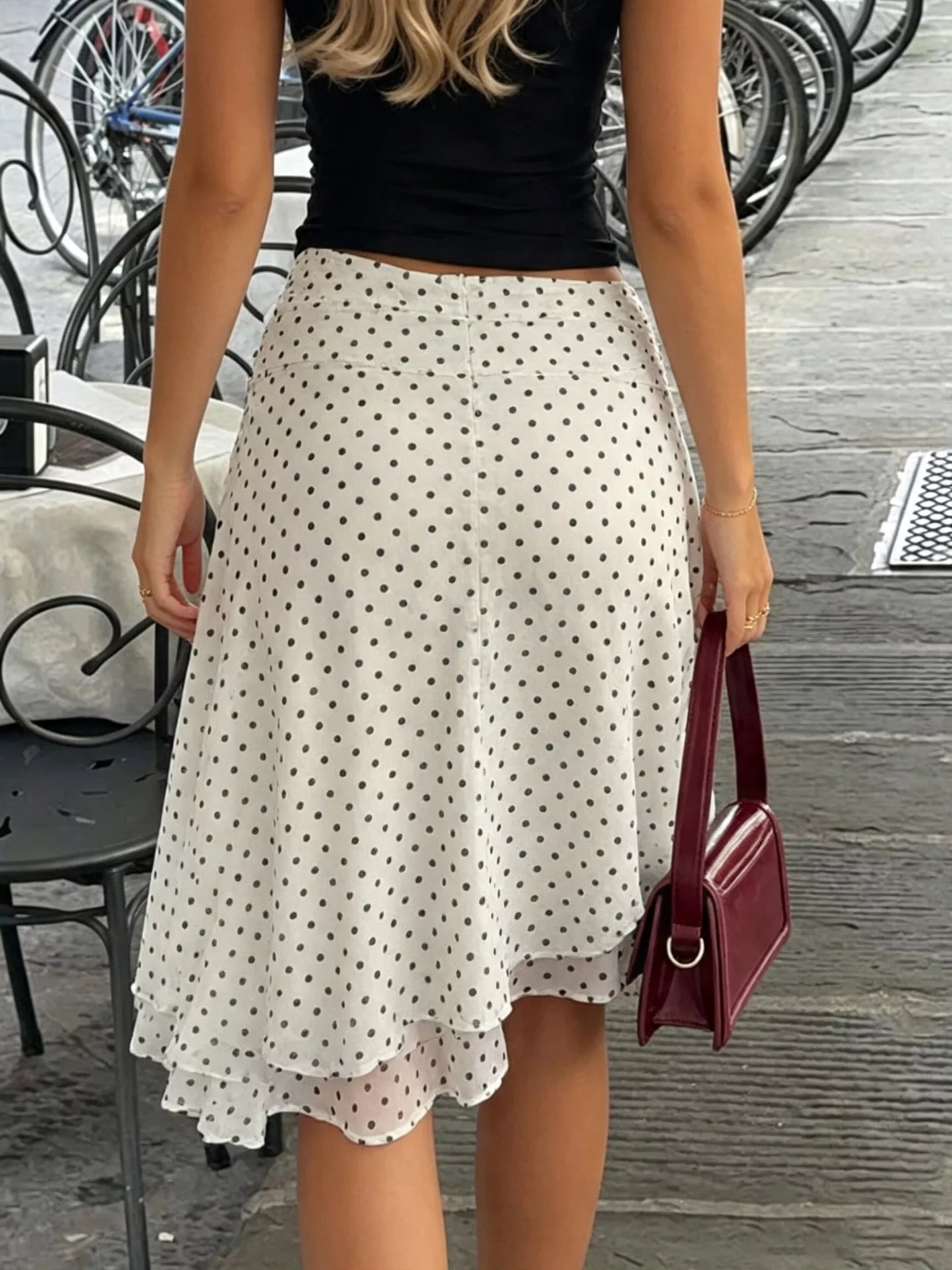 Trendsi Polka Dot Ruched Waist Midi Skirt -