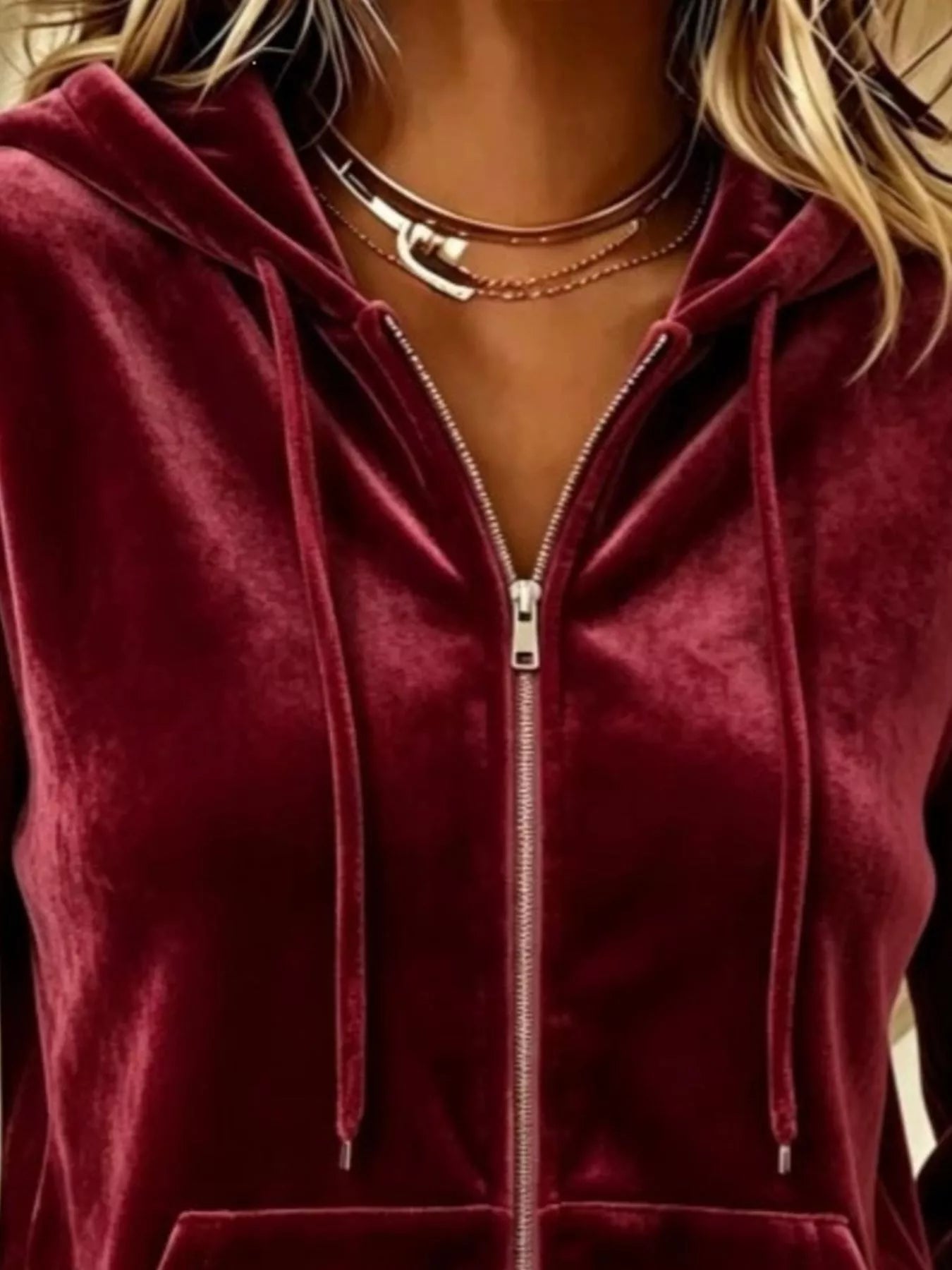 Trendsi Full Size Velvet Zip-Up Outerwear with Drawstring Plus Size -