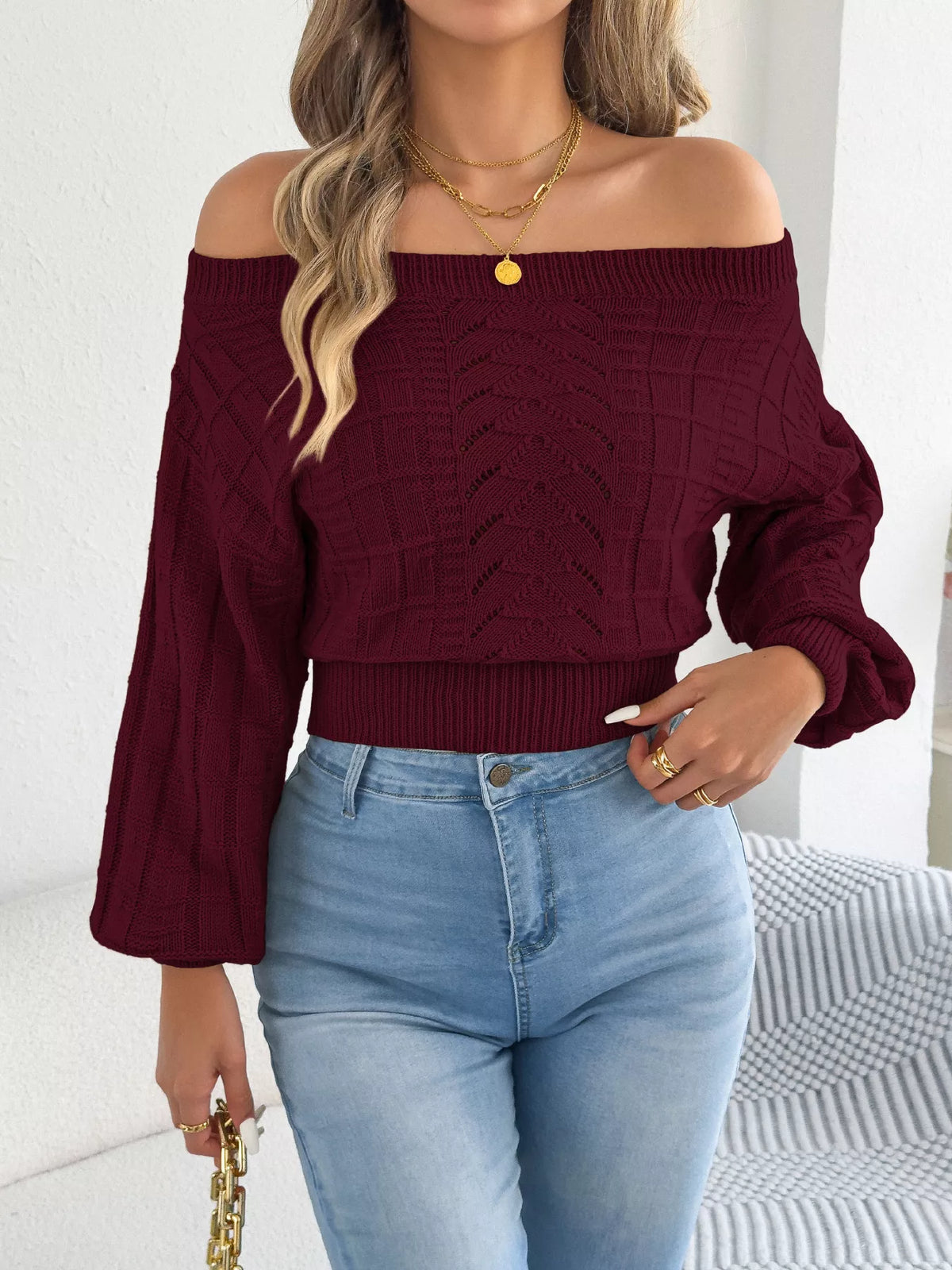 Burgundy off-shoulder openwork cropped sweater