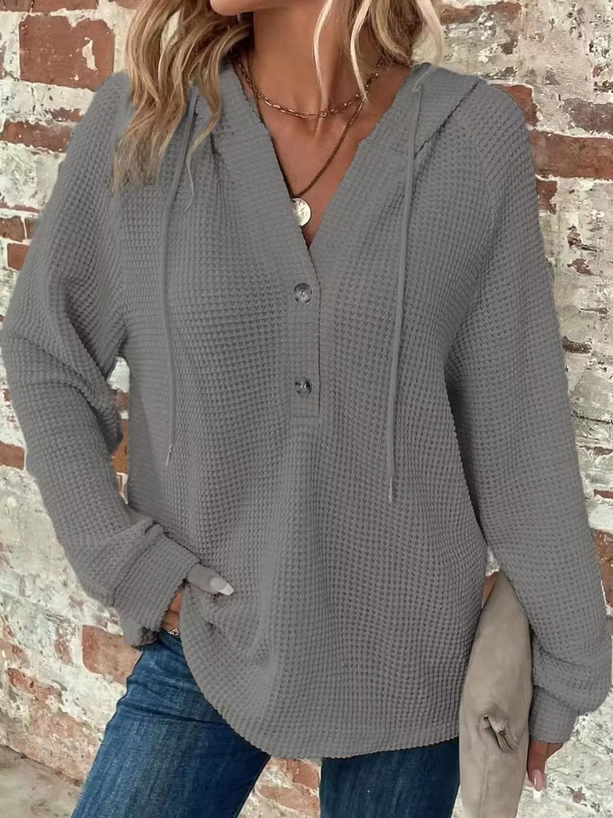 Gray waffle knit button-detail hoodie
