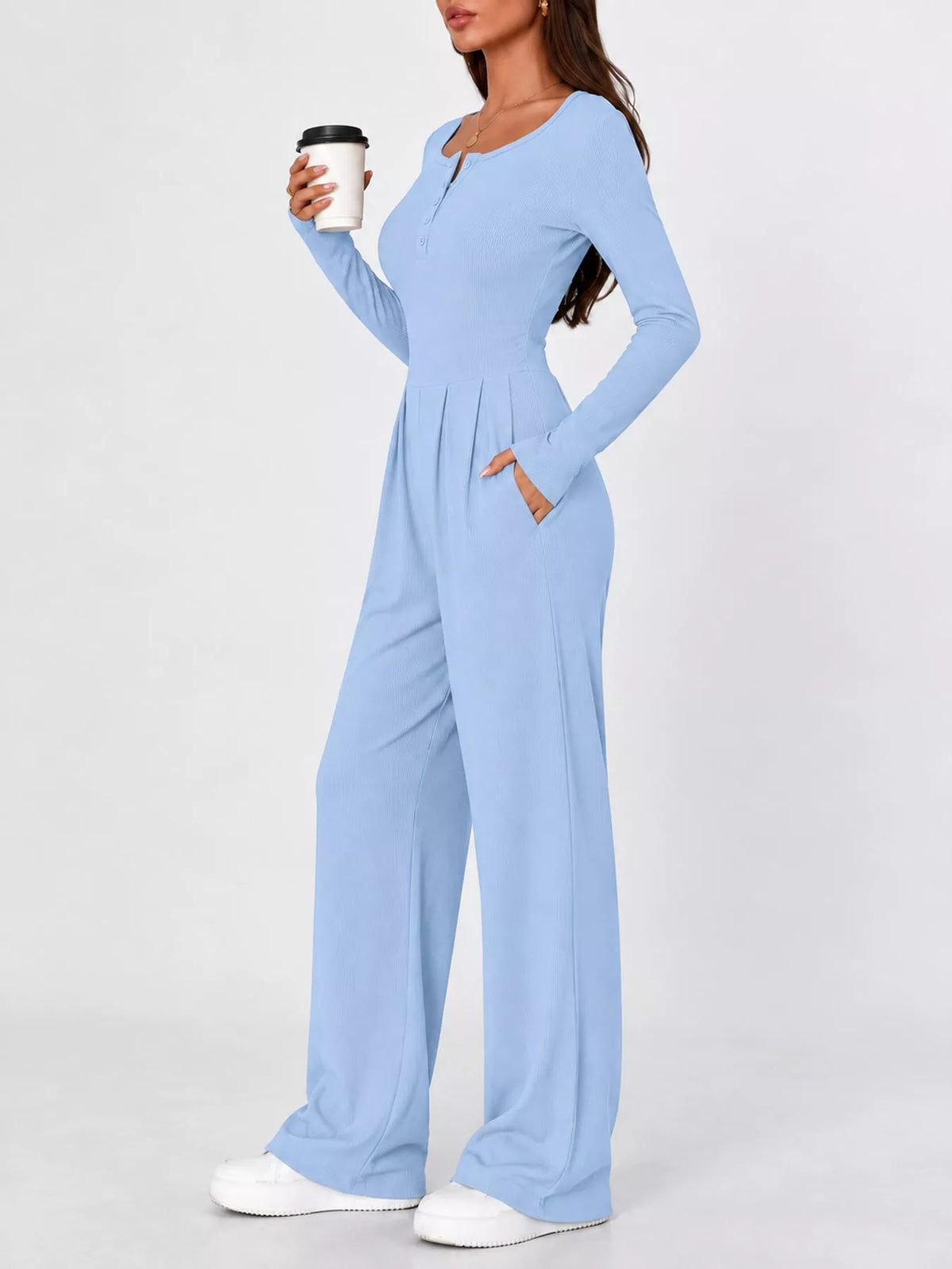 Long Sleeve Ribbed Knit Wide-Leg Jumpsuit — side view