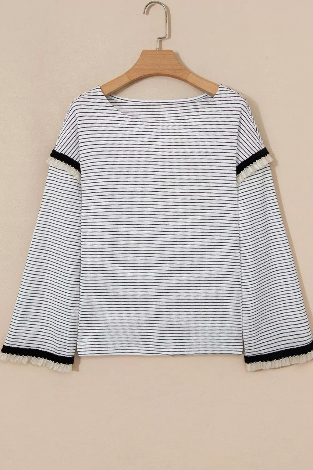 Trendsi Stripe Contrasted Ruffle Trim Loose Long Sleeve Top -