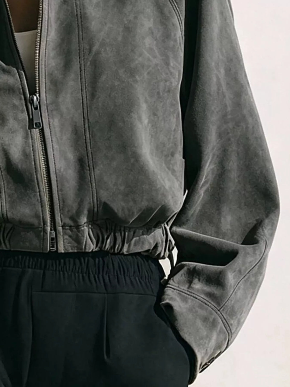 Faux Suede Zip-Up Stand Collar Cropped Jacket, hem detail