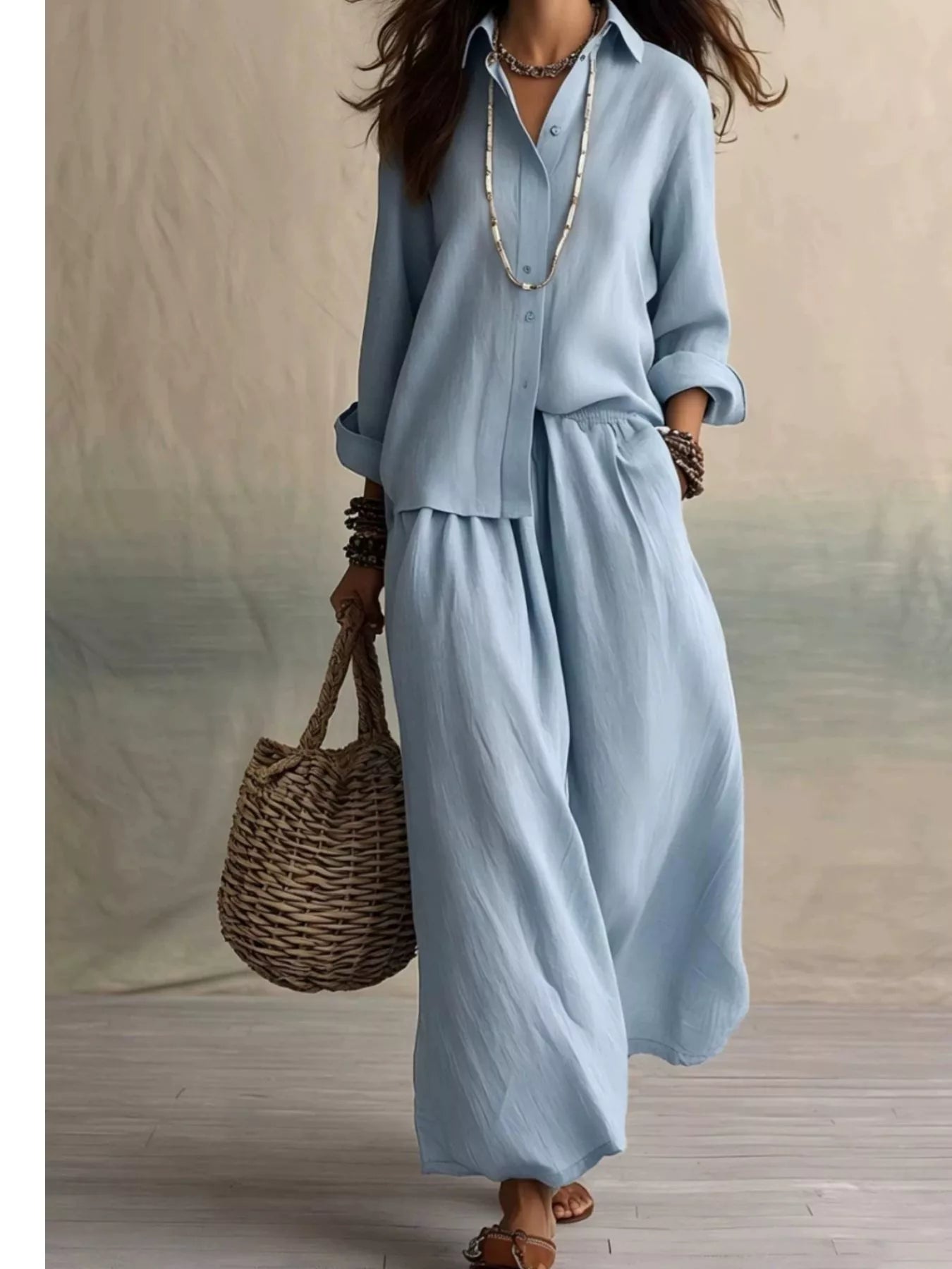 Trendsi Full Size Button Up Shirt and Wide-Leg Pants Set Plus Size -