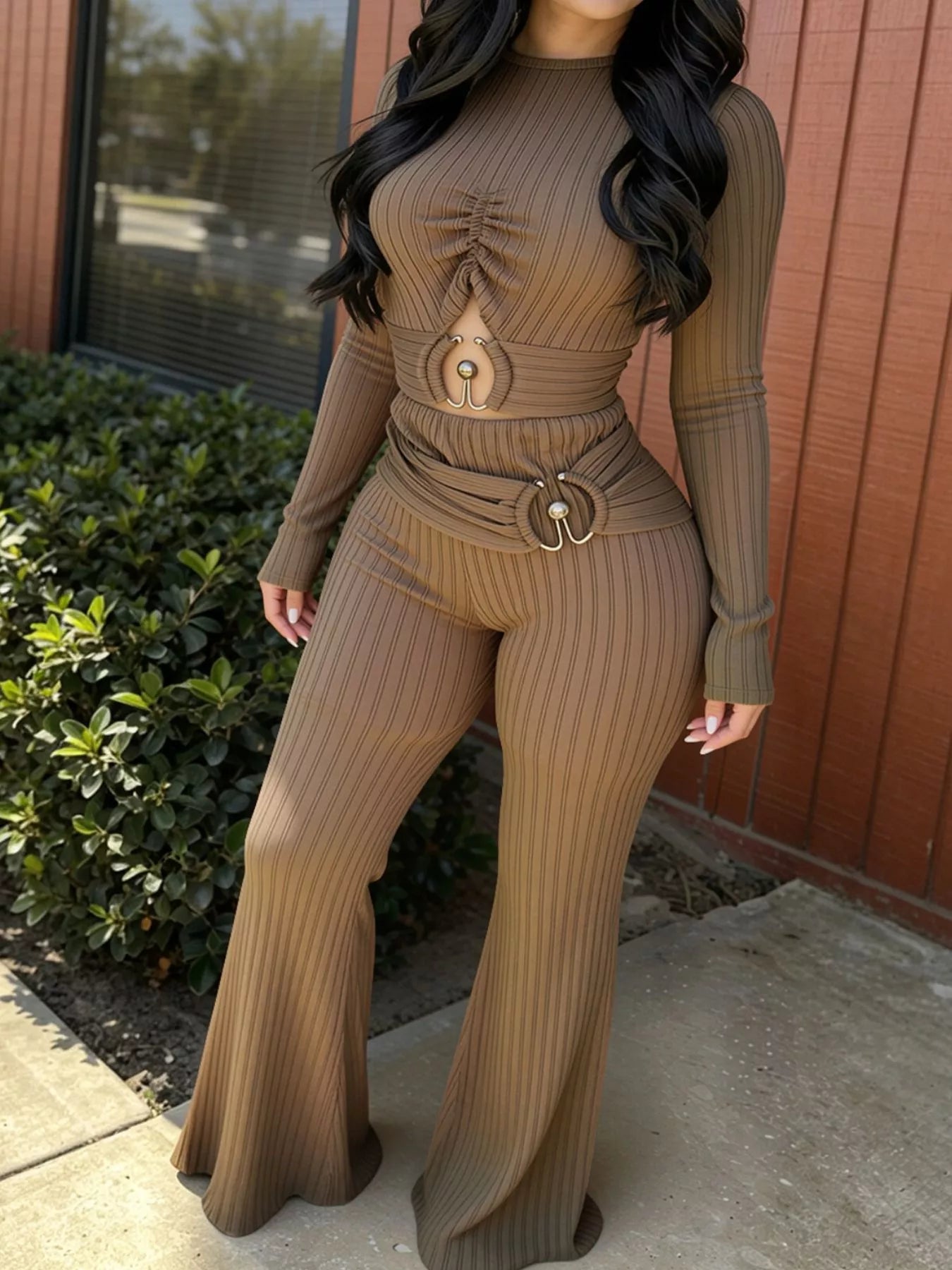 Trendsi Ribbed Knit Ruched Cut-Out Jumpsuit -