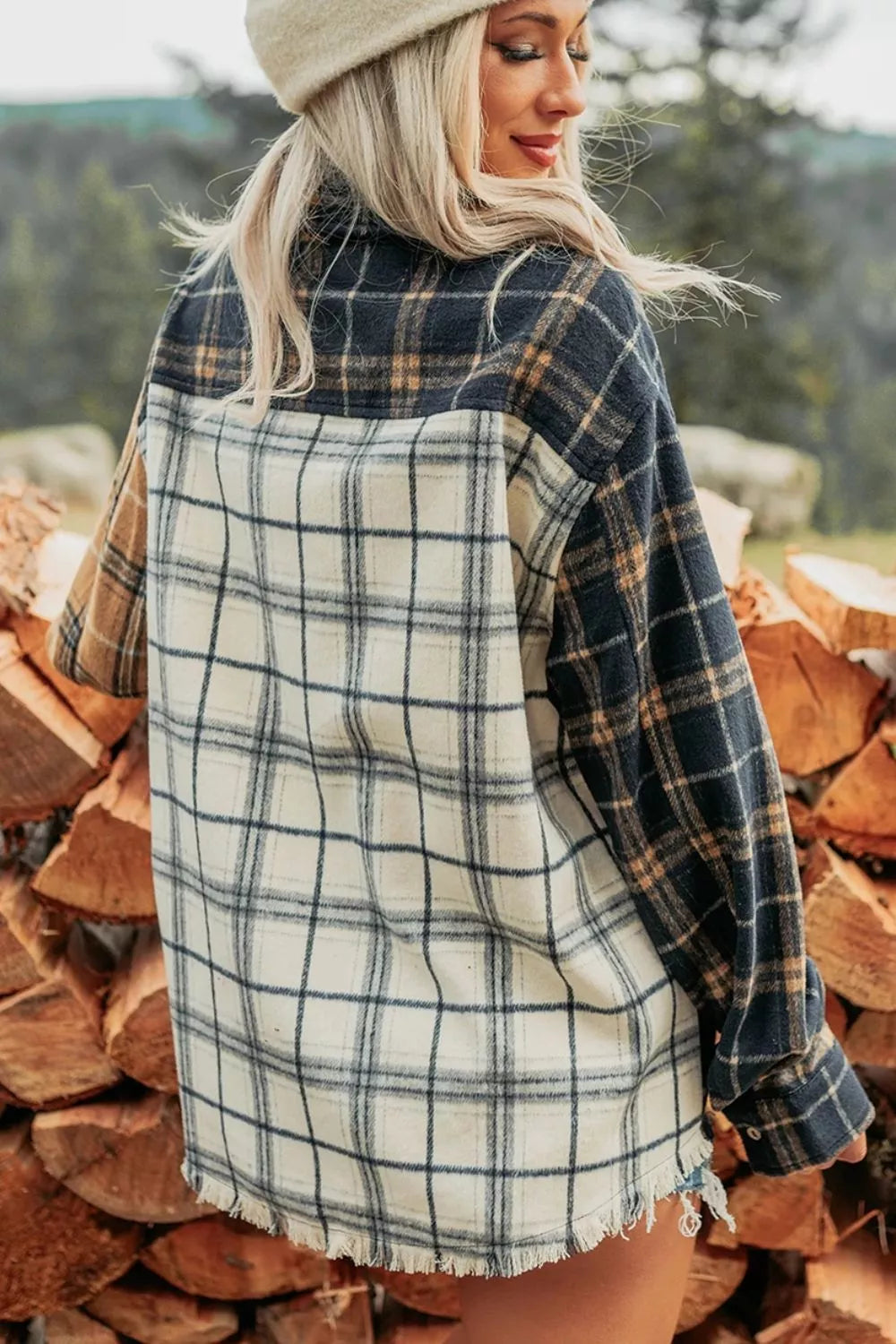 Trendsi Multicolour Plaid Button-Up Long Sleeve Shift Silhouette Shacket -
