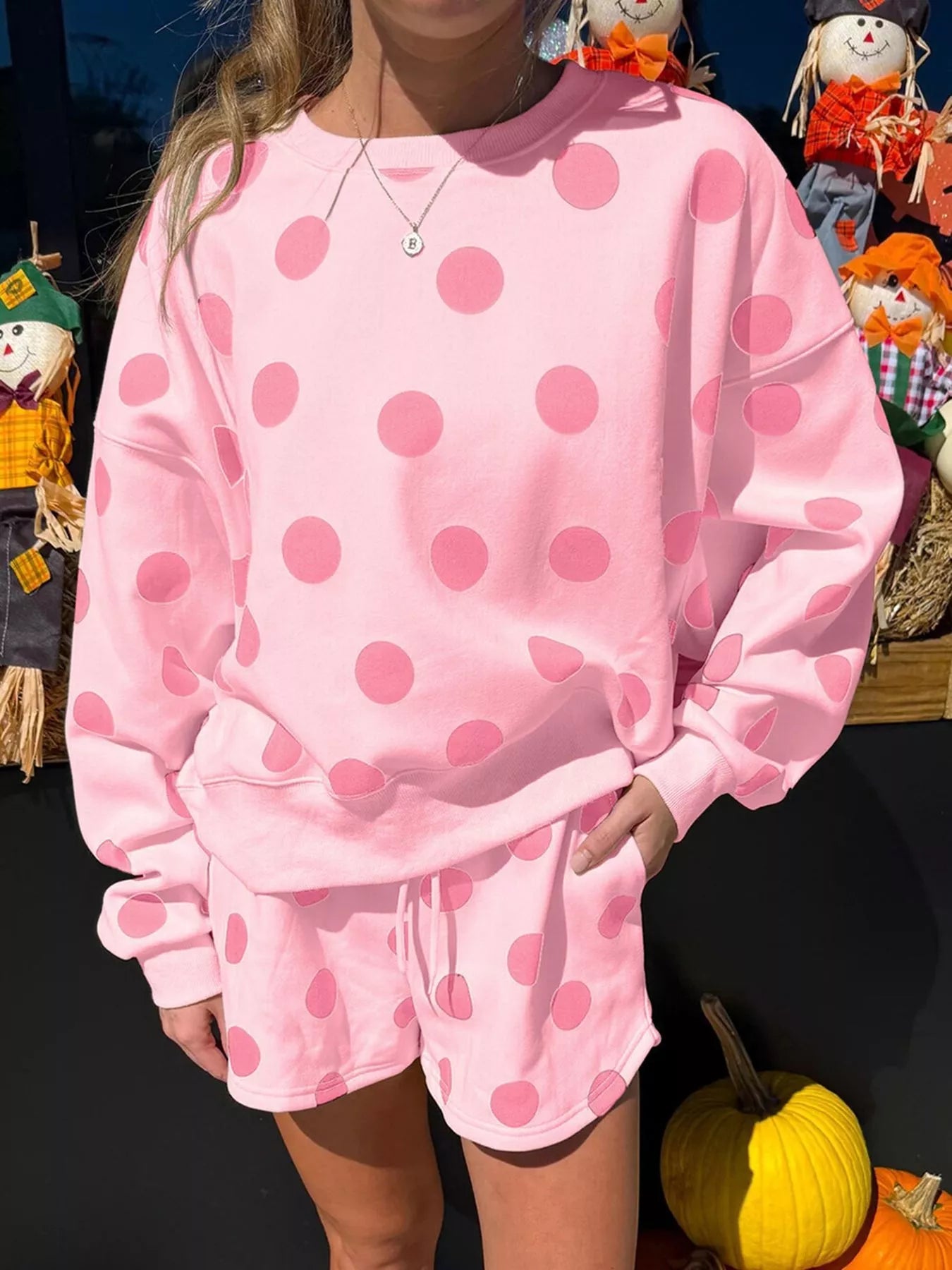 Trendsi Polka Dot Crewneck Sweatshirt and Shorts Set -