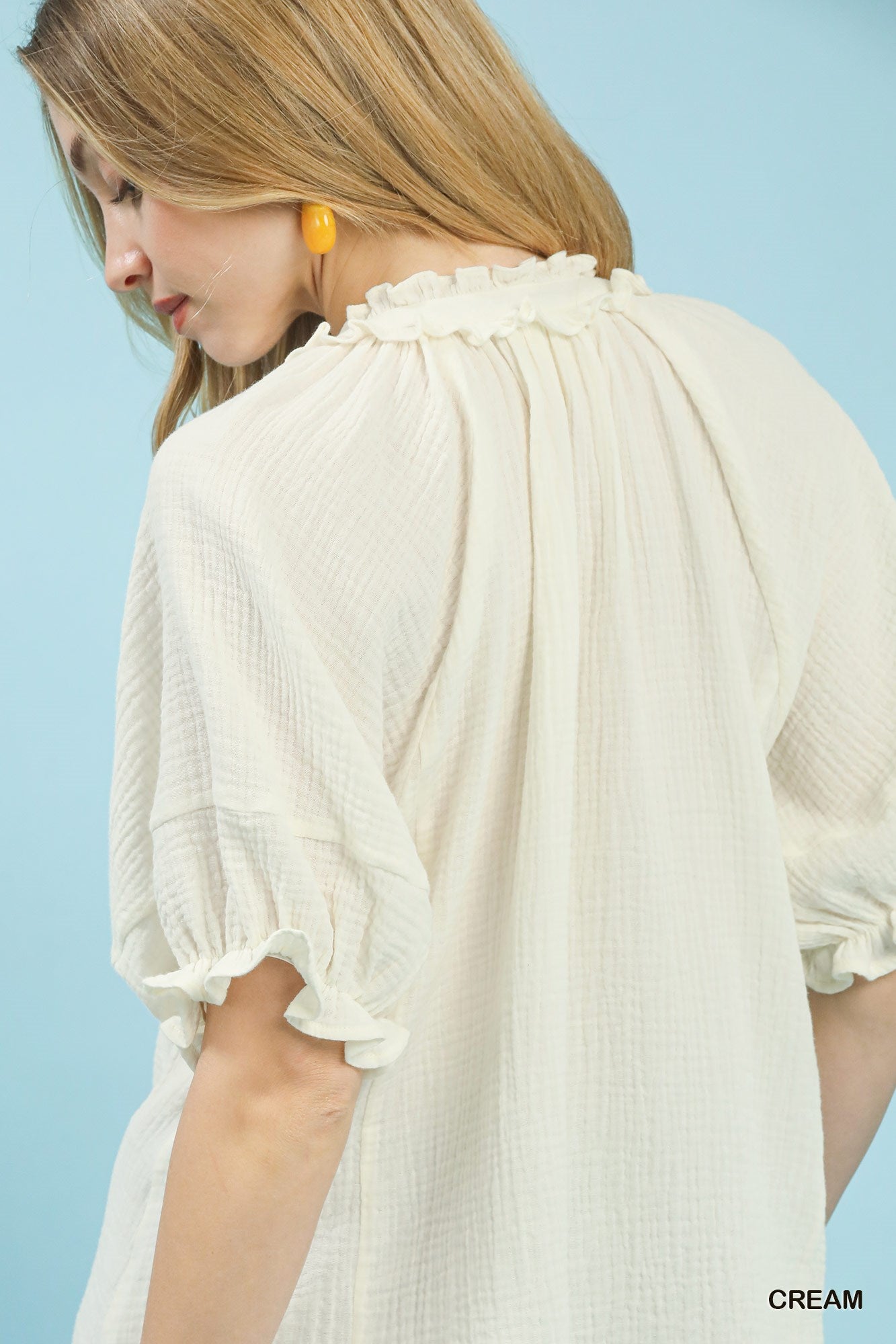 Women's Cotton Gauze V-Neck Ruffle Blouse With Lace Trim — product view 4