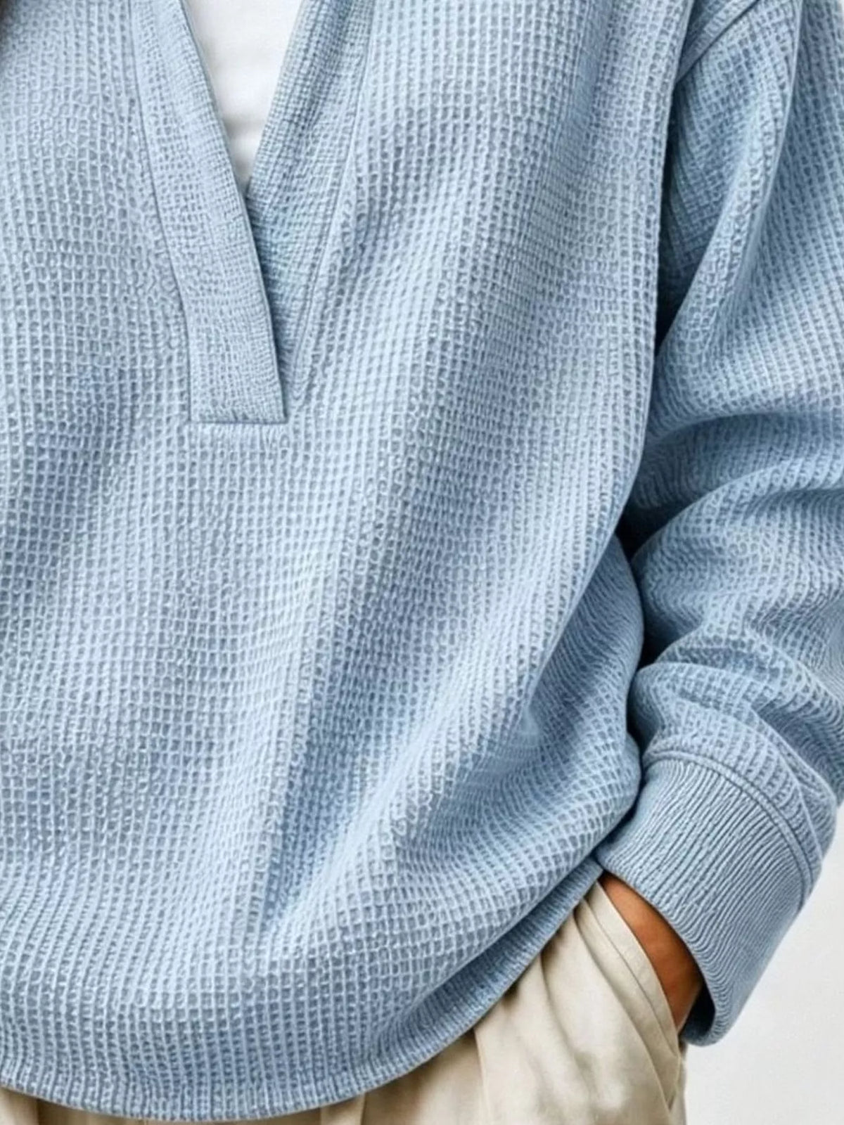 Light Blue Waffle Knit Dropped Shoulder Sweatshirt back view