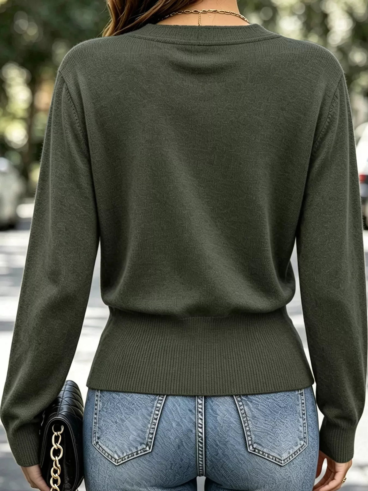 Surplice knit top, olive back