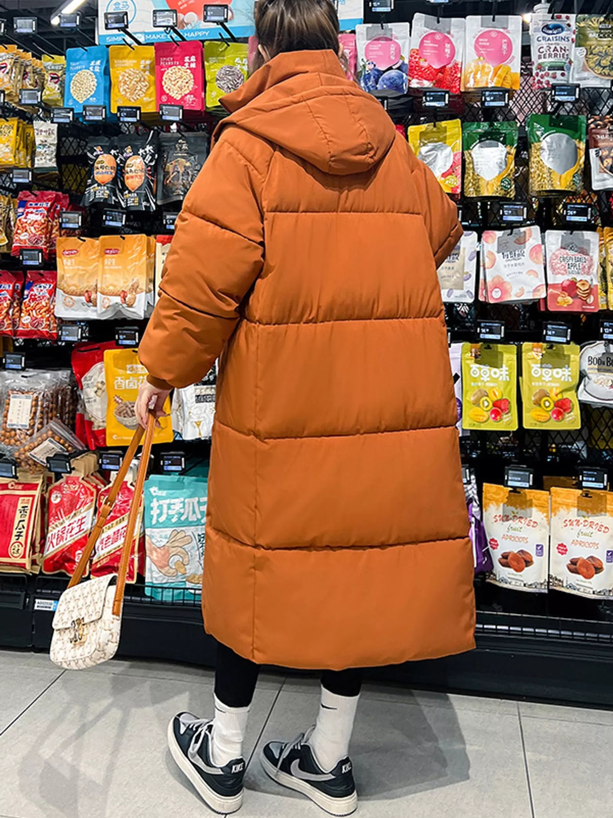 Longline puffer coat, orange back