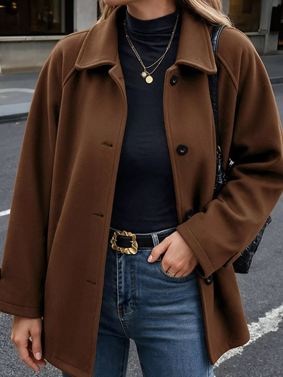 Brown button-up raglan sleeve coat — front view