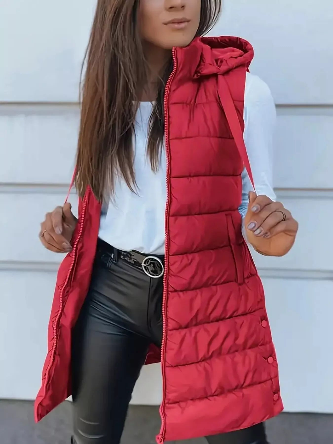 Trendsi Zip Up Longline Hooded Puffer Vest Coat -