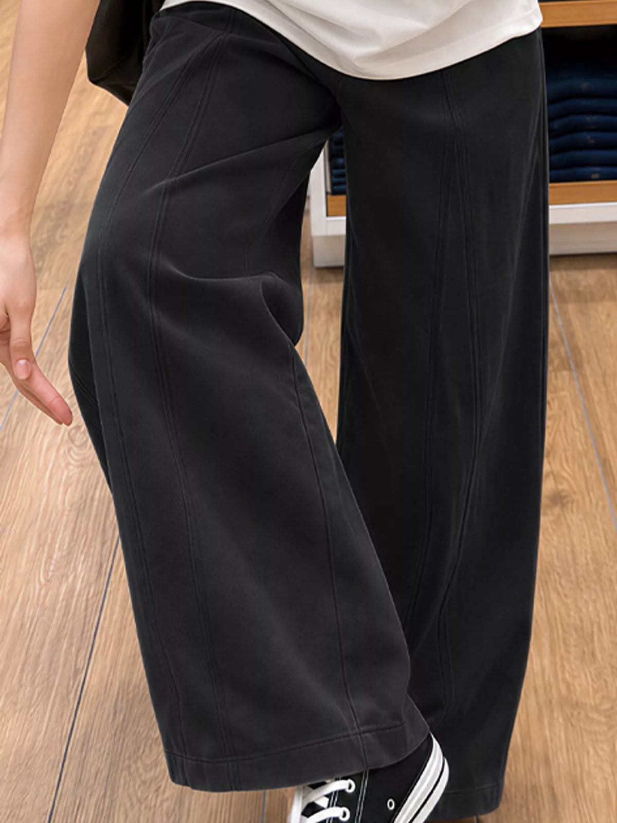 Black wide leg casual pants, side view