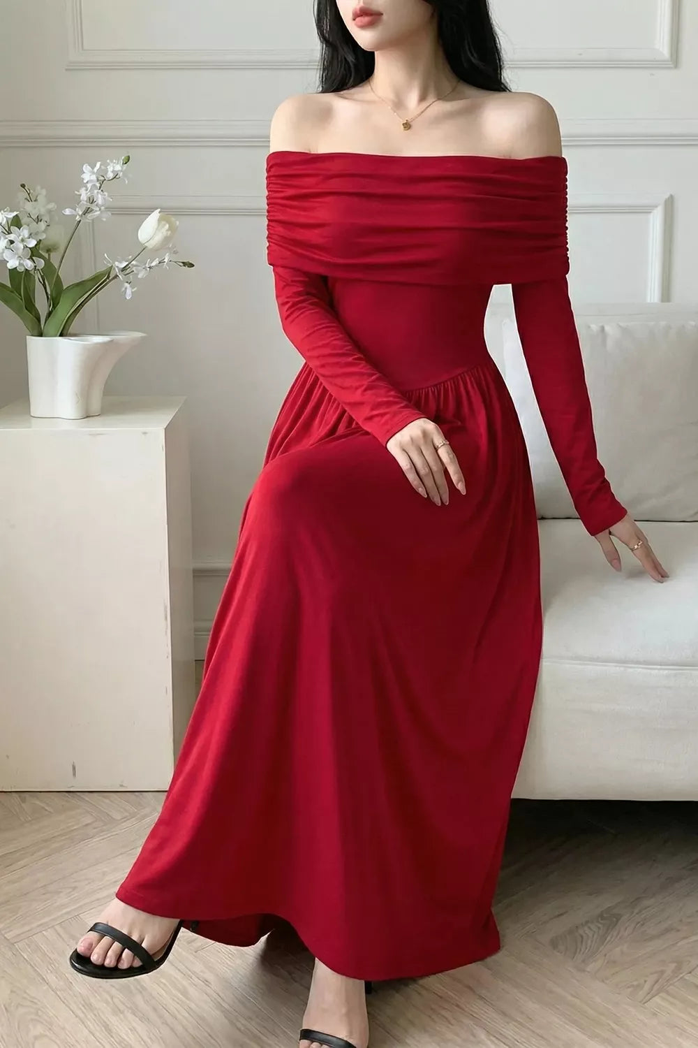 Trendsi Off-Shoulder Ruched Bodycon Maxi Dress -