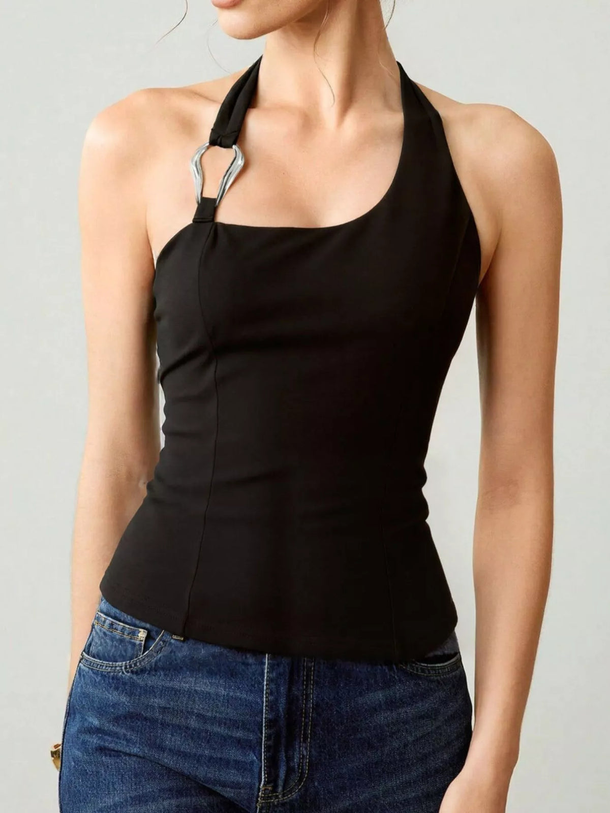 Women's Halter Neck Tank with Metallic Ring Detail in Black, front view