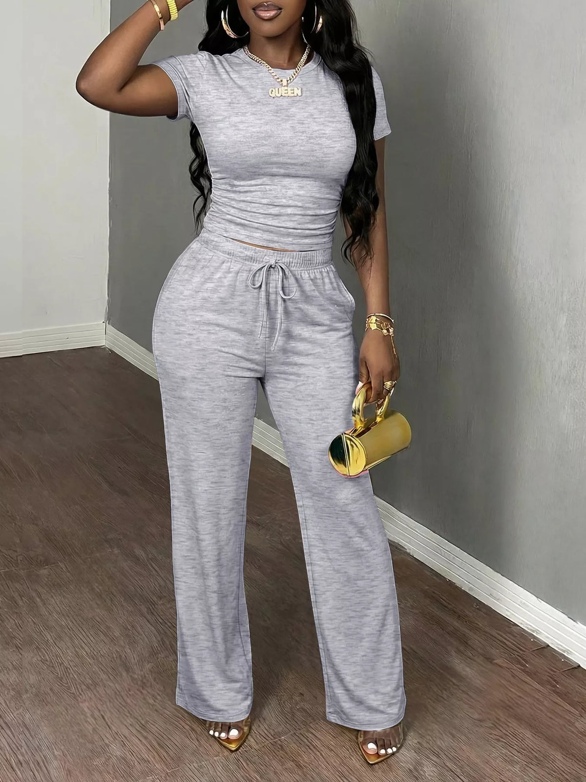Light Gray Short Sleeve Top and Wide-Leg Pants Set, front view