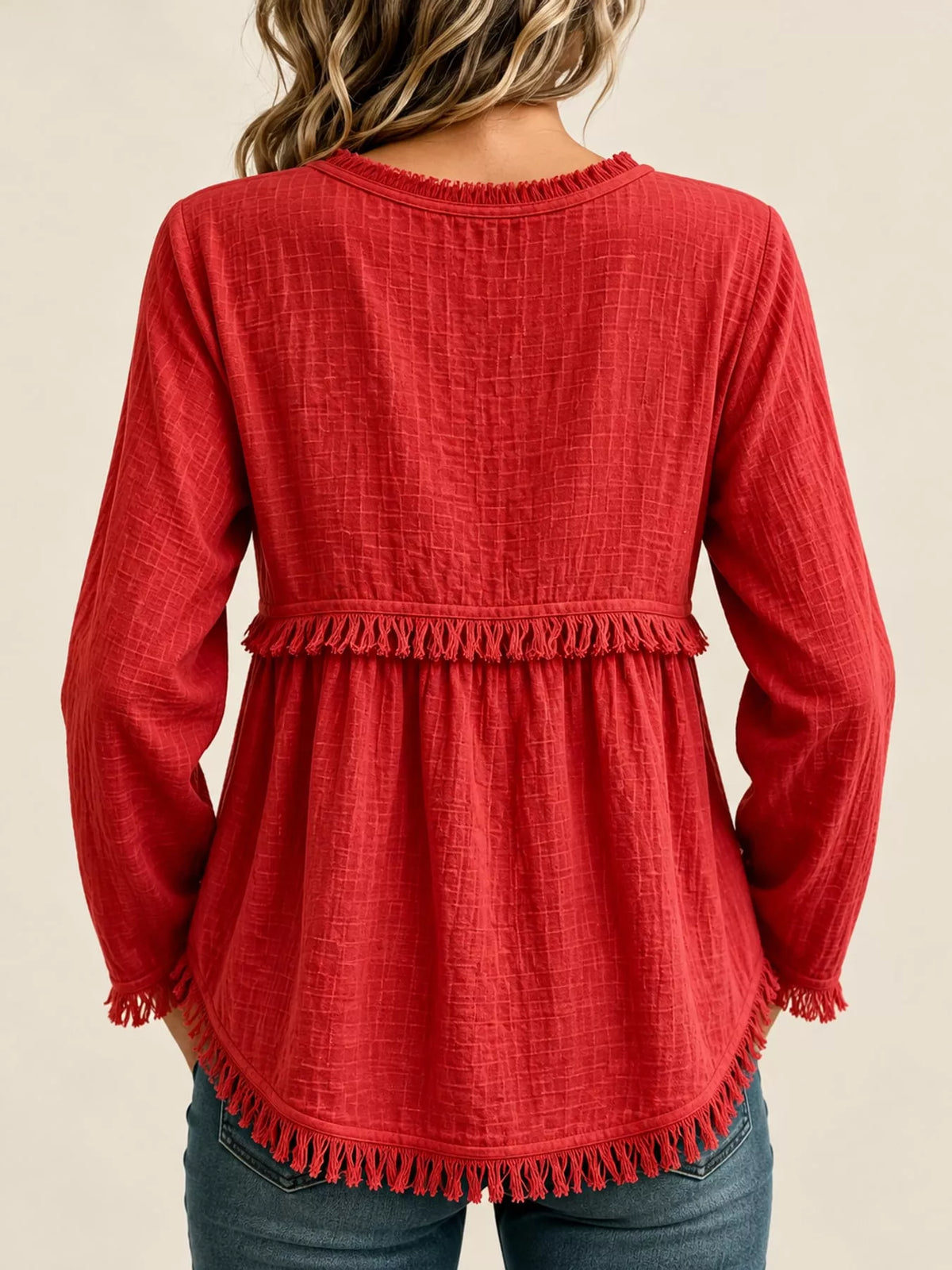 Fringe-trim blouse, red back