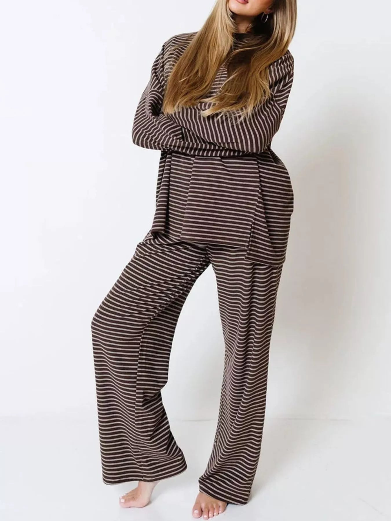 Trendsi Striped Long Sleeve Top and Wide Leg Pants Set -