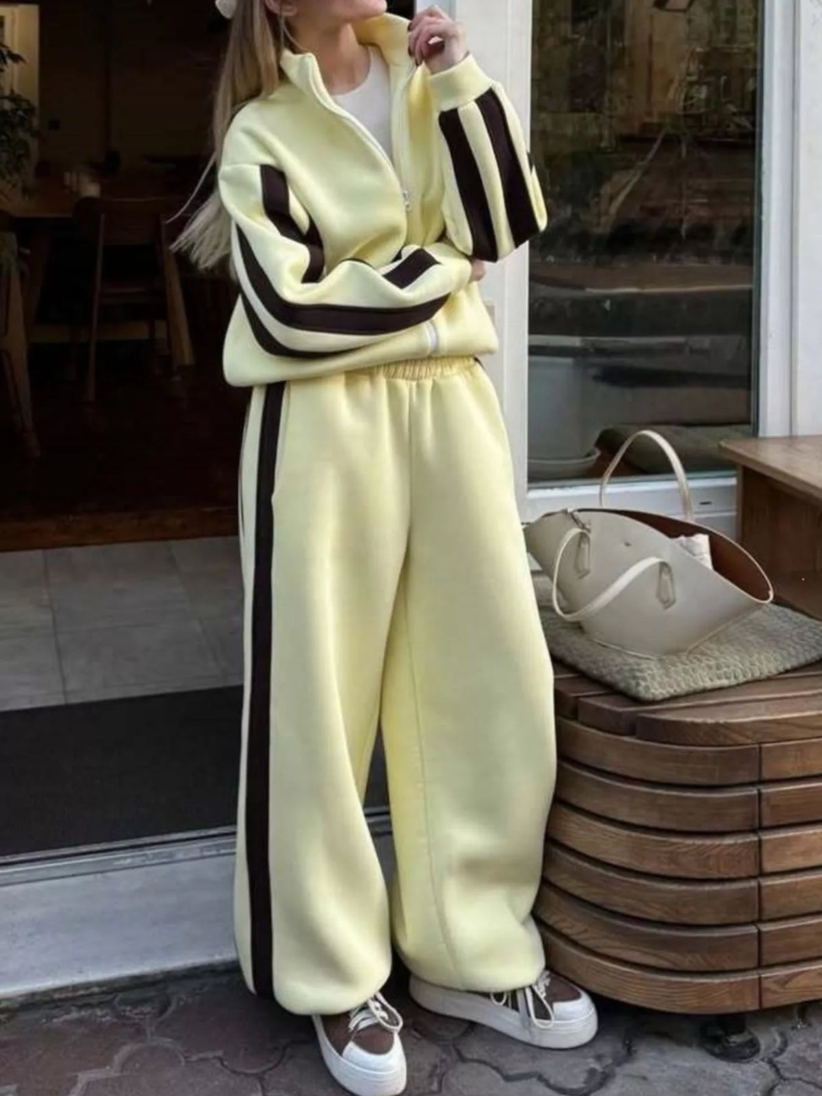 Trendsi Contrast Striped Zip Up Top and Pants Set -