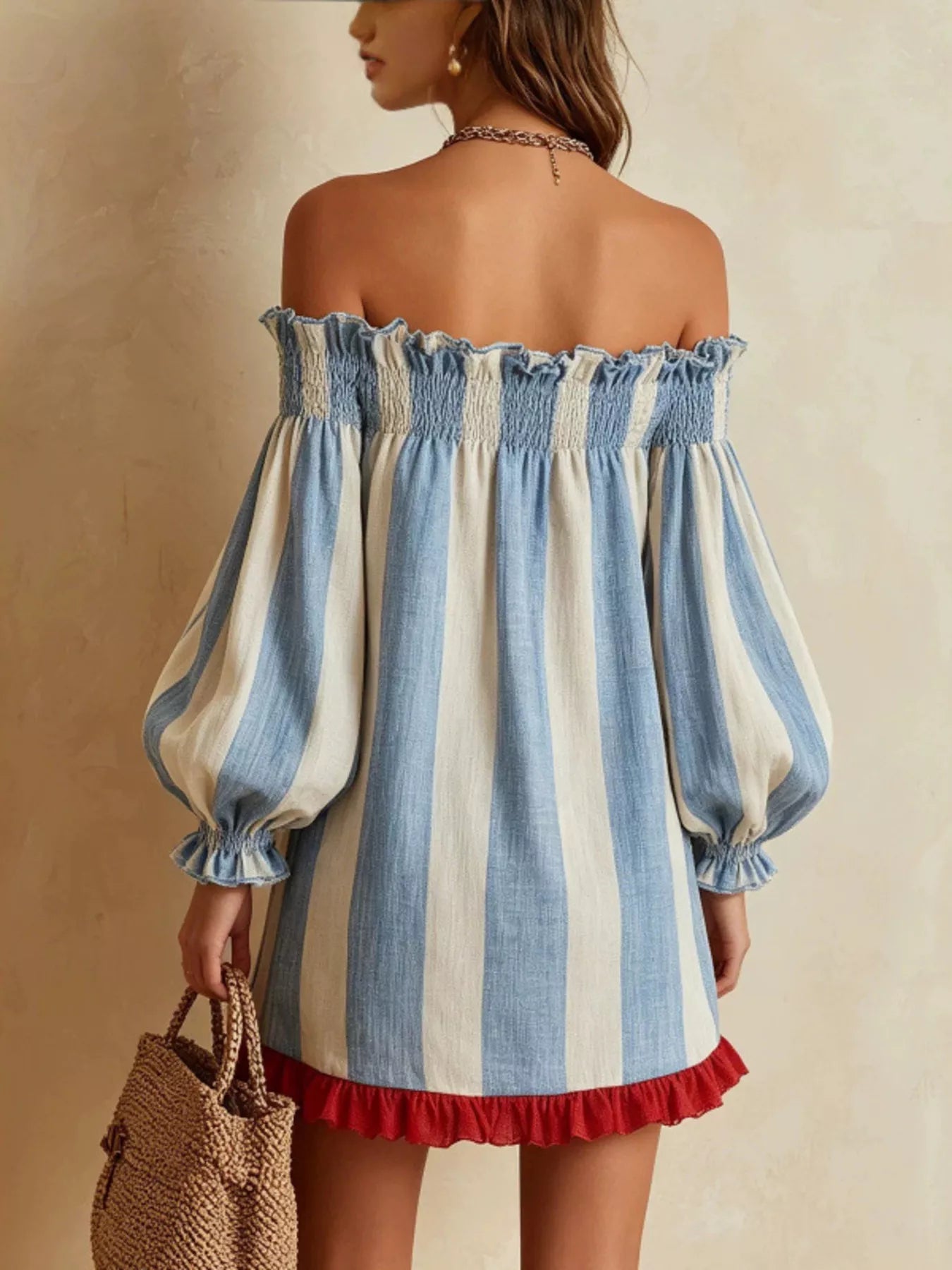 Trendsi Off-Shoulder Striped Ruffle Hem Mini Dress -