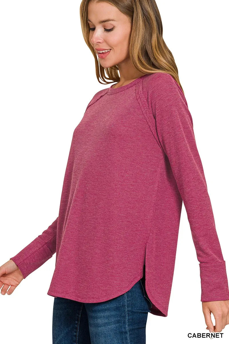 Women's cabernet waffle long-sleeve raglan top with curved hem - product view 2