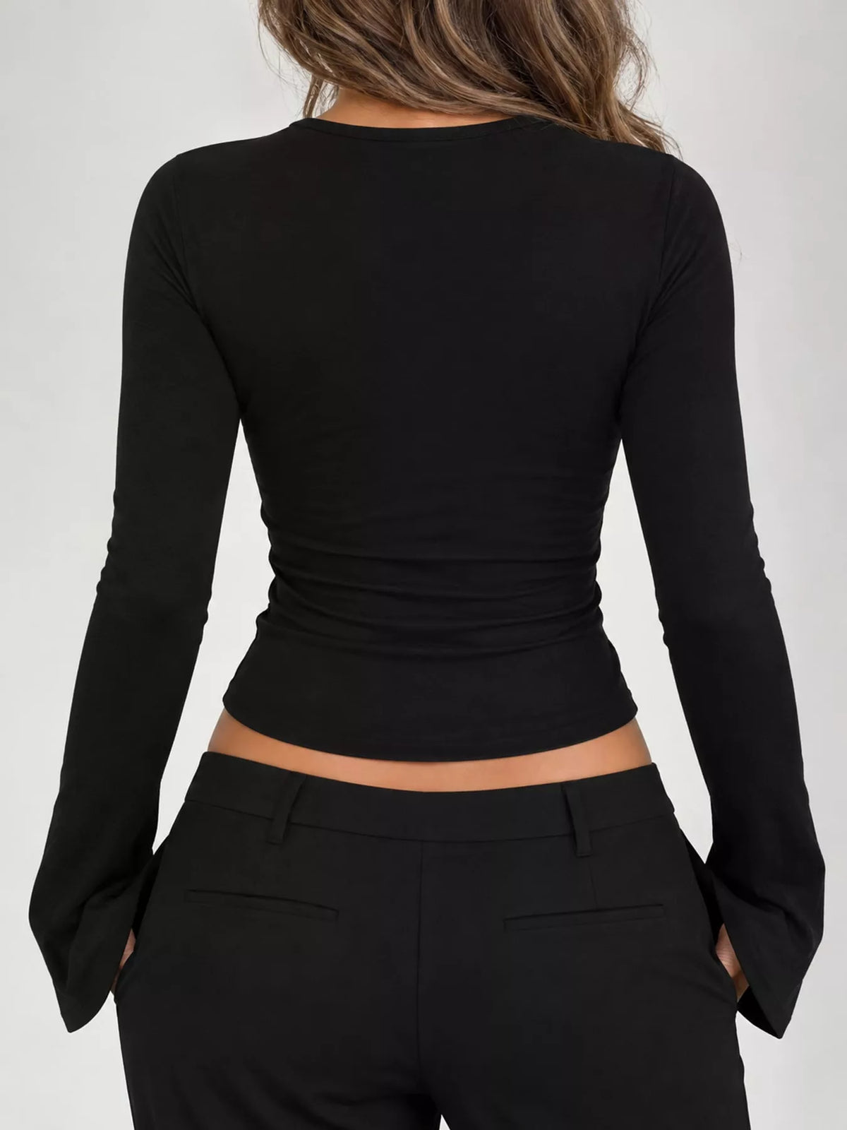 Black lace trim v-neck long sleeve slim fit t-shirt, back view