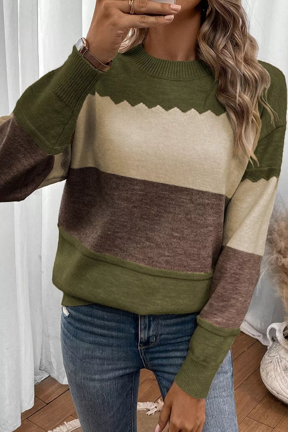 Women's colorblock crew neck drop shoulder sweater