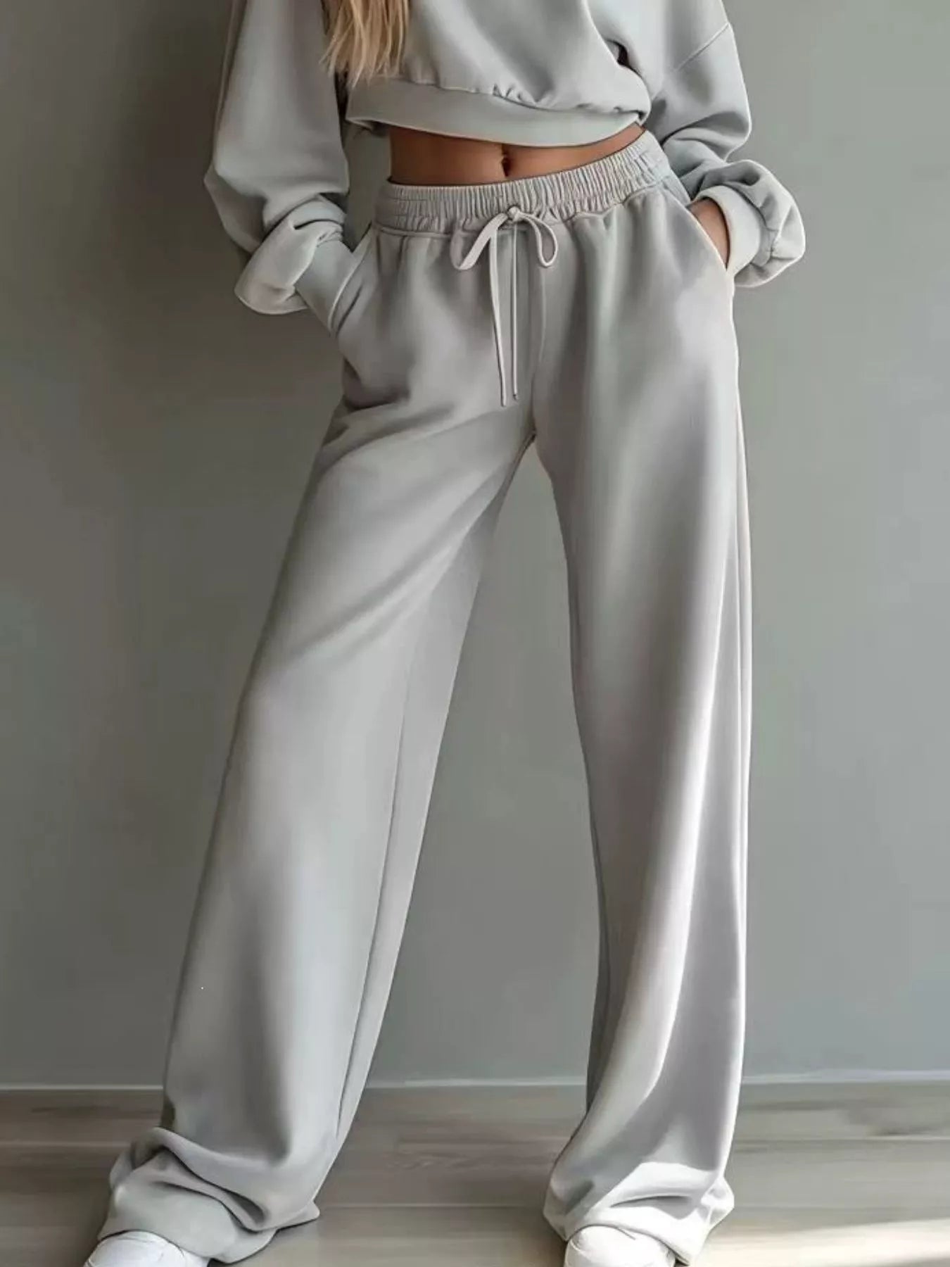 Trendsi Round Neck Cropped Sweatshirt and Wide-Leg Pants Set -
