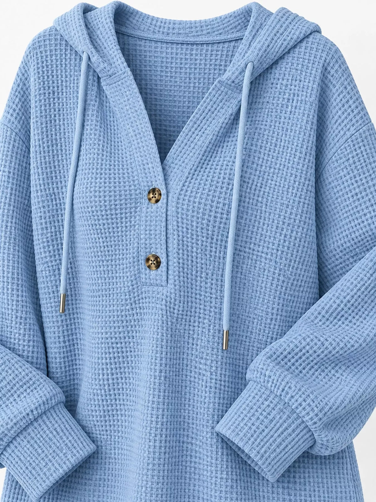Light blue waffle knit button-detail hoodie, product view