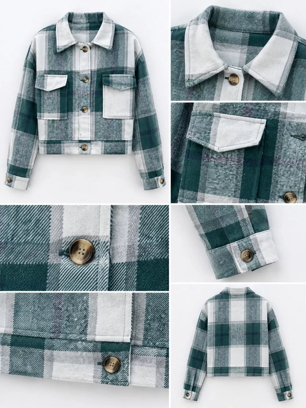 Plaid cropped jacket, green plaid collar cuff button collage
