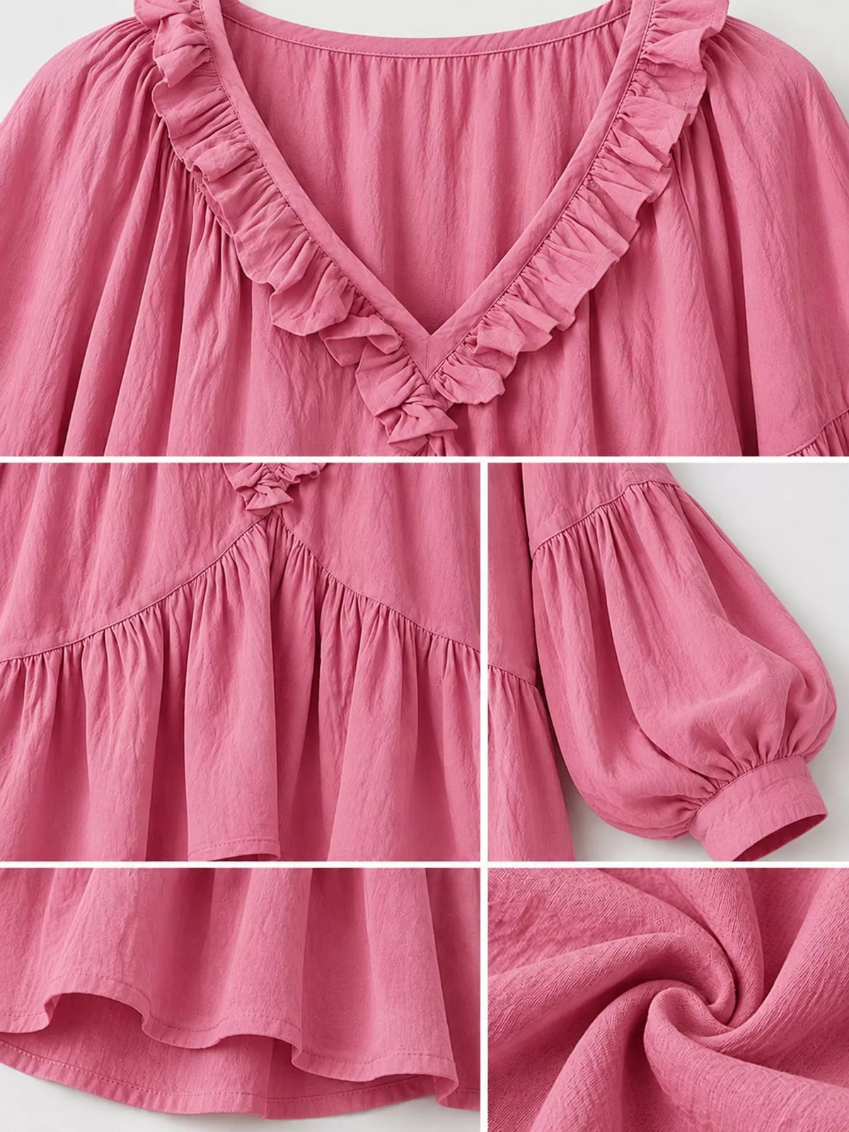Pink ruffled v neck blouse, detail view
