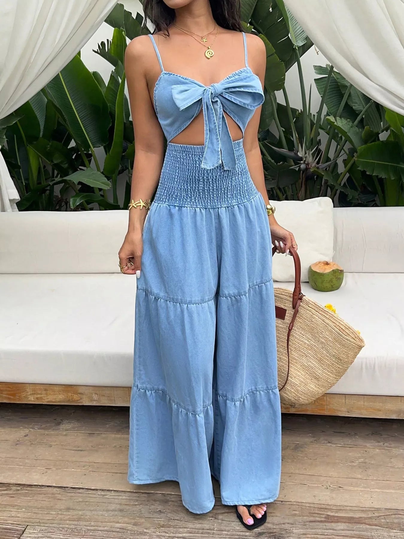 Trendsi Tie-Front Cutout Smocked Wide Leg Denim Jumpsuit -