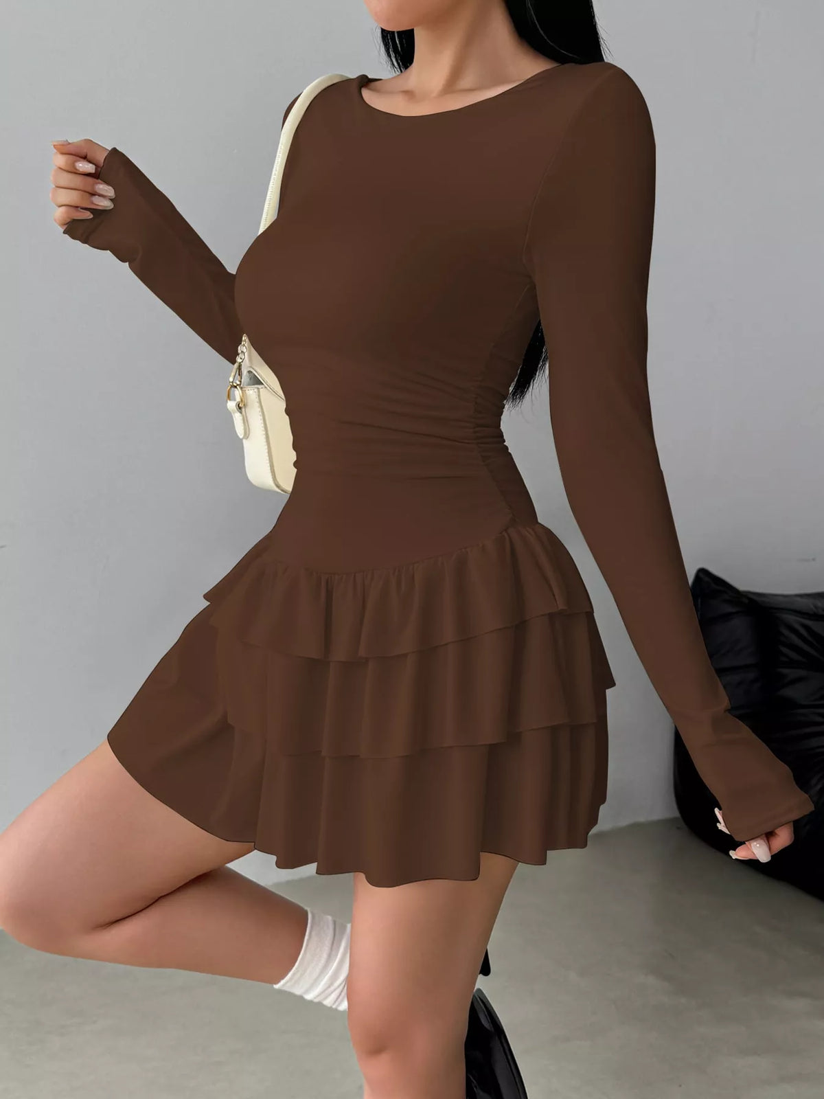 Brown layered ruffle mini dress
