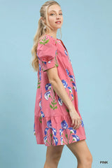 Trendsi Umgee Floral Print Puff Sleeve Mini Dress with Scallop Trim -