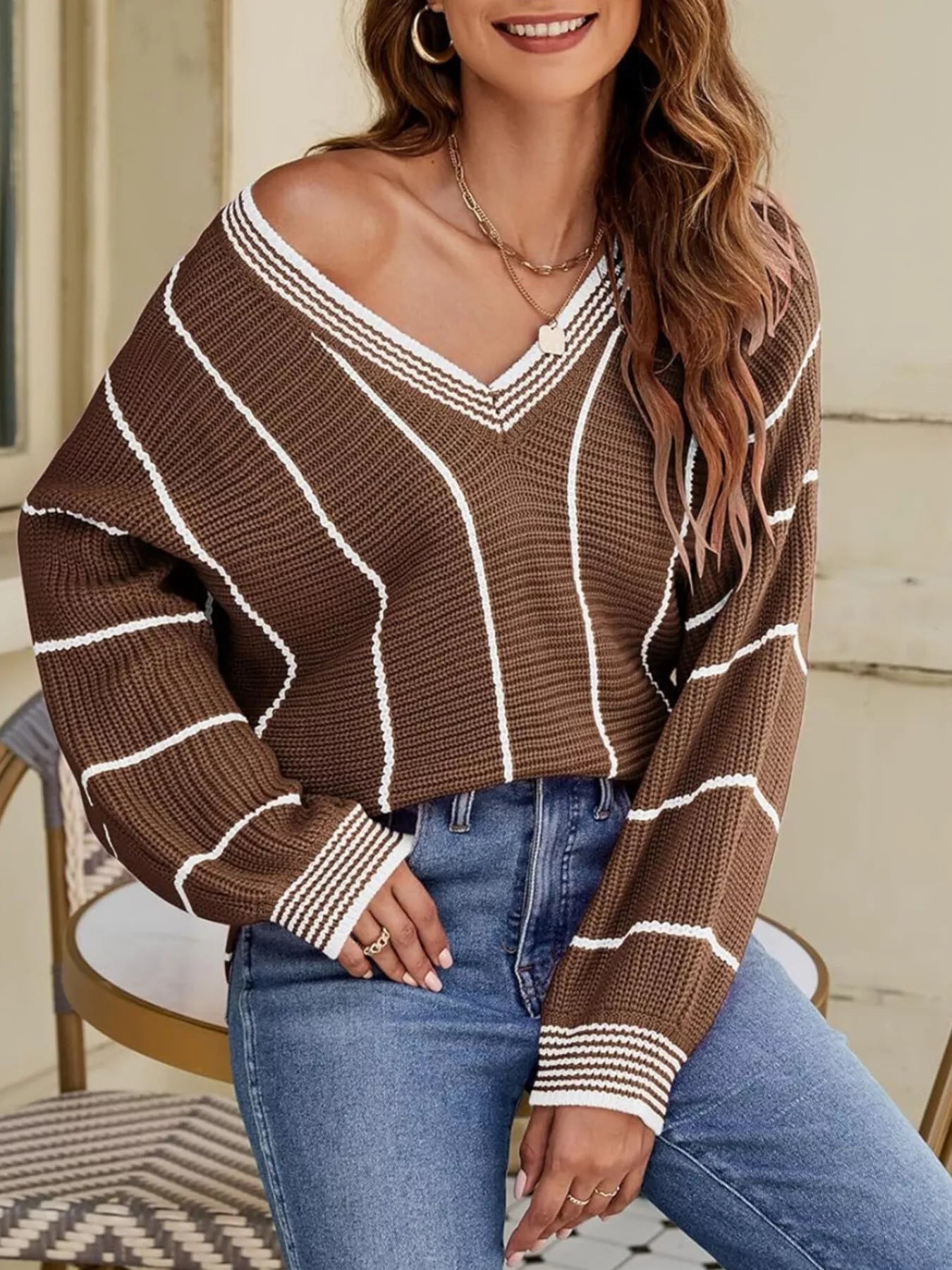 Trendsi V-Neck Striped Contrast Sweater -