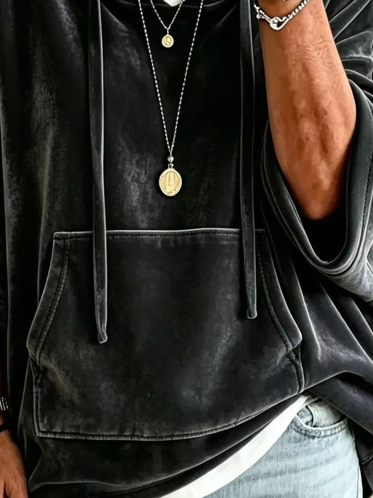 Black velvet kangaroo pocket drawstring hoodie