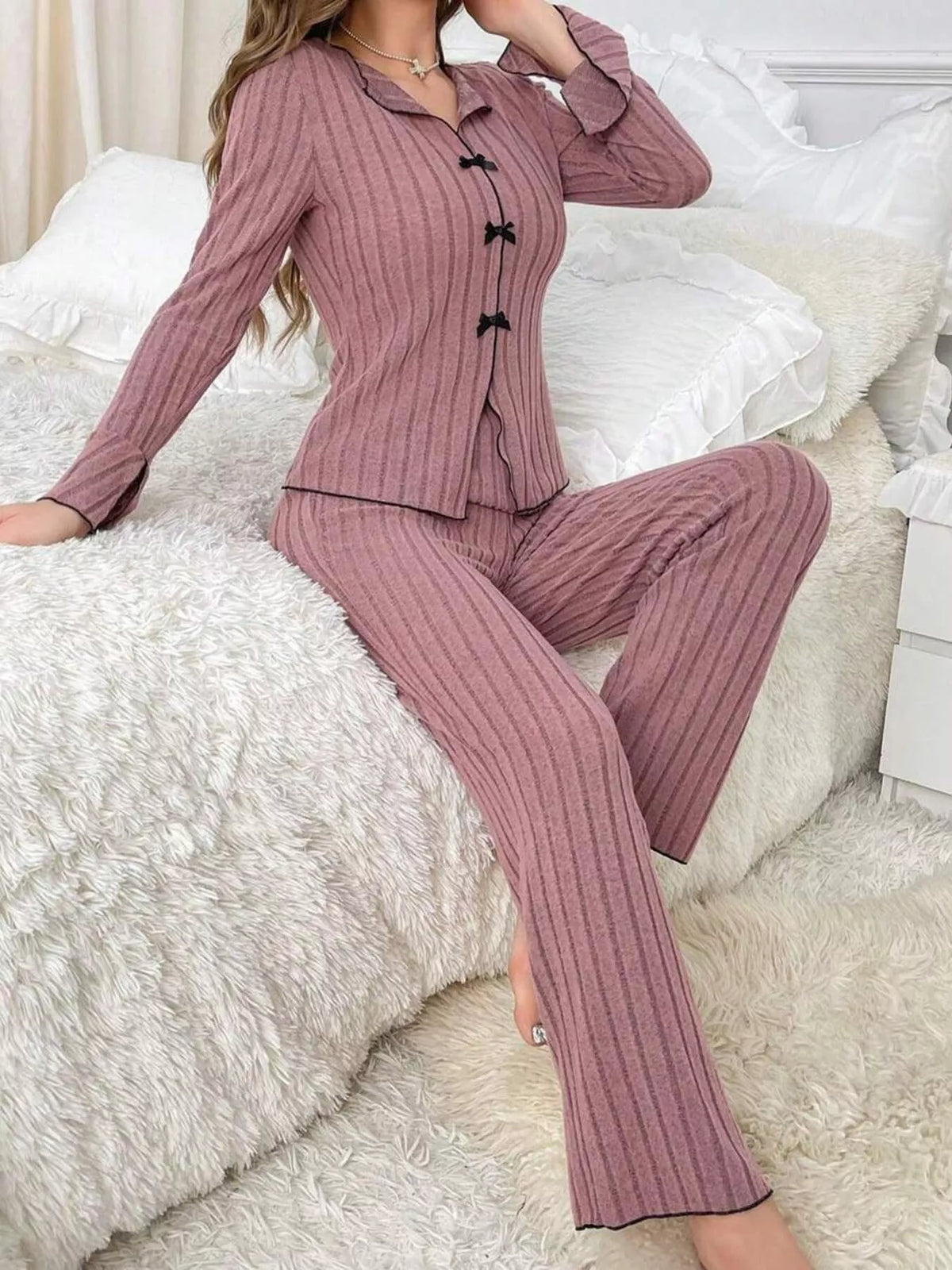 Women's Contrast Bow Detail Top and Pants Lounge Set in Lotus Root Powder, alternate view
