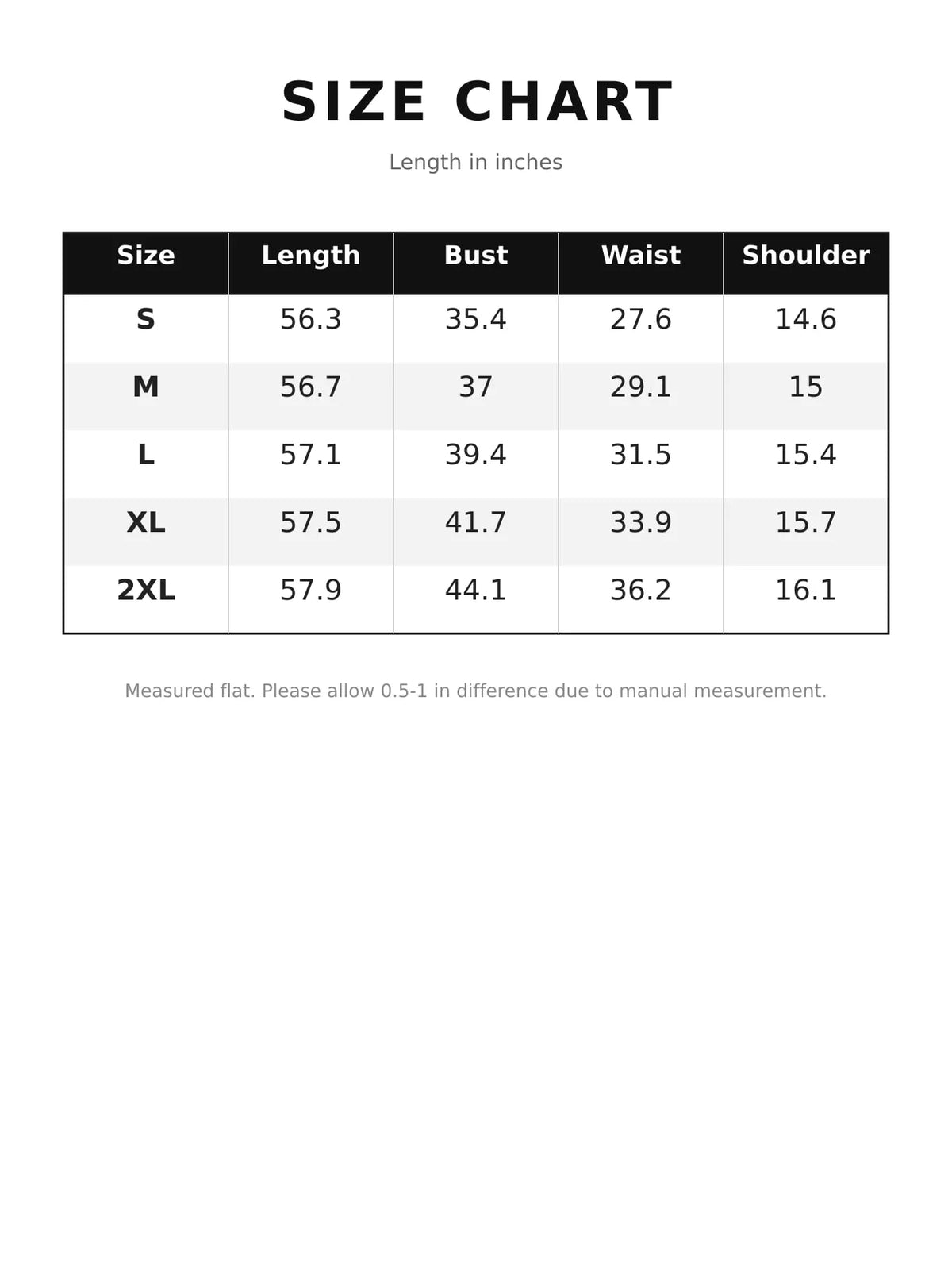 Size chart for the ruffled surplice maxi dress