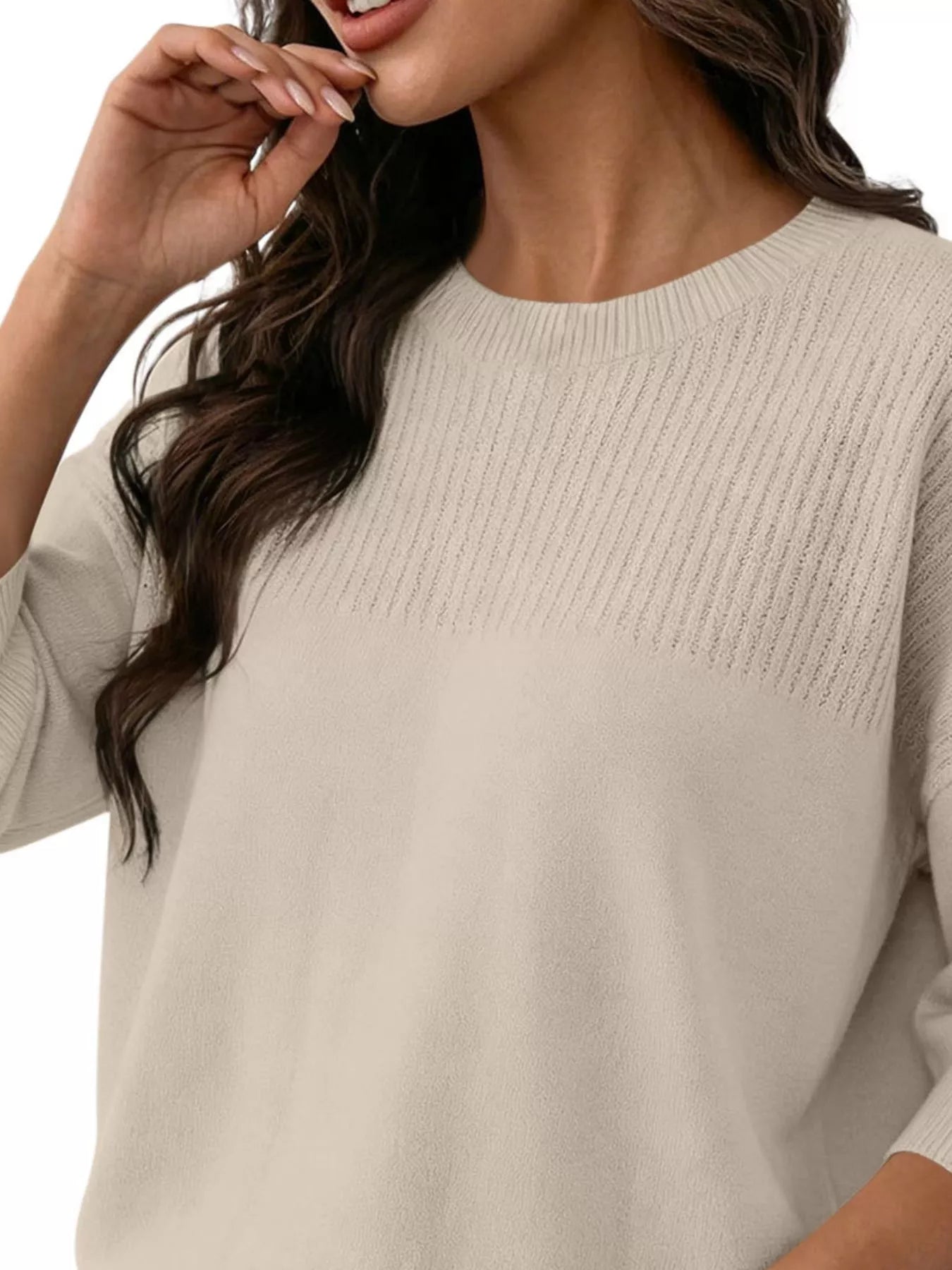 Trendsi Elegant Crew Neck Eyelet Ribbed Sweater -